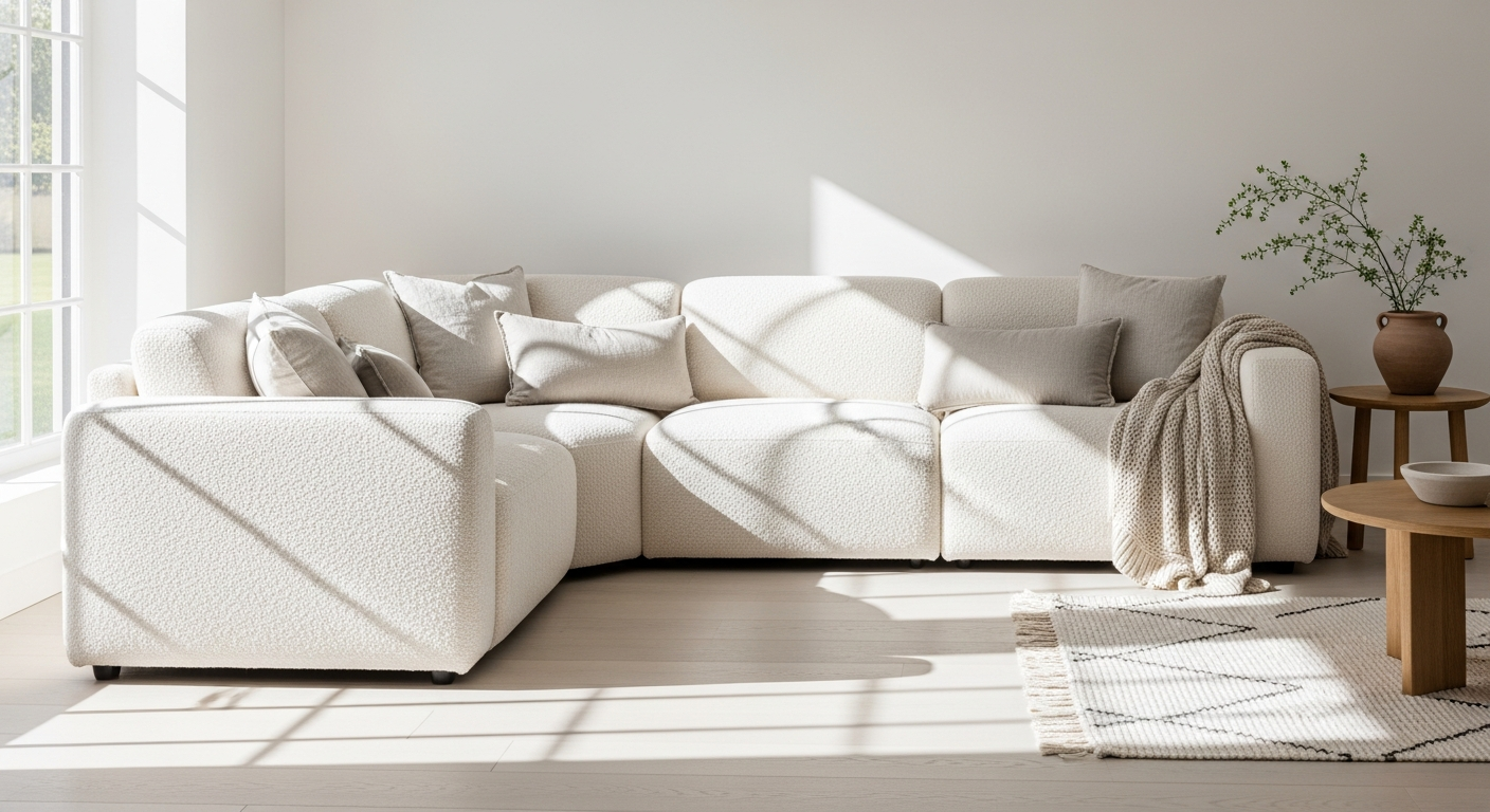 MILYSOFA SOFATIME 5-seater bouclé corner sofa in stone beige with modular design