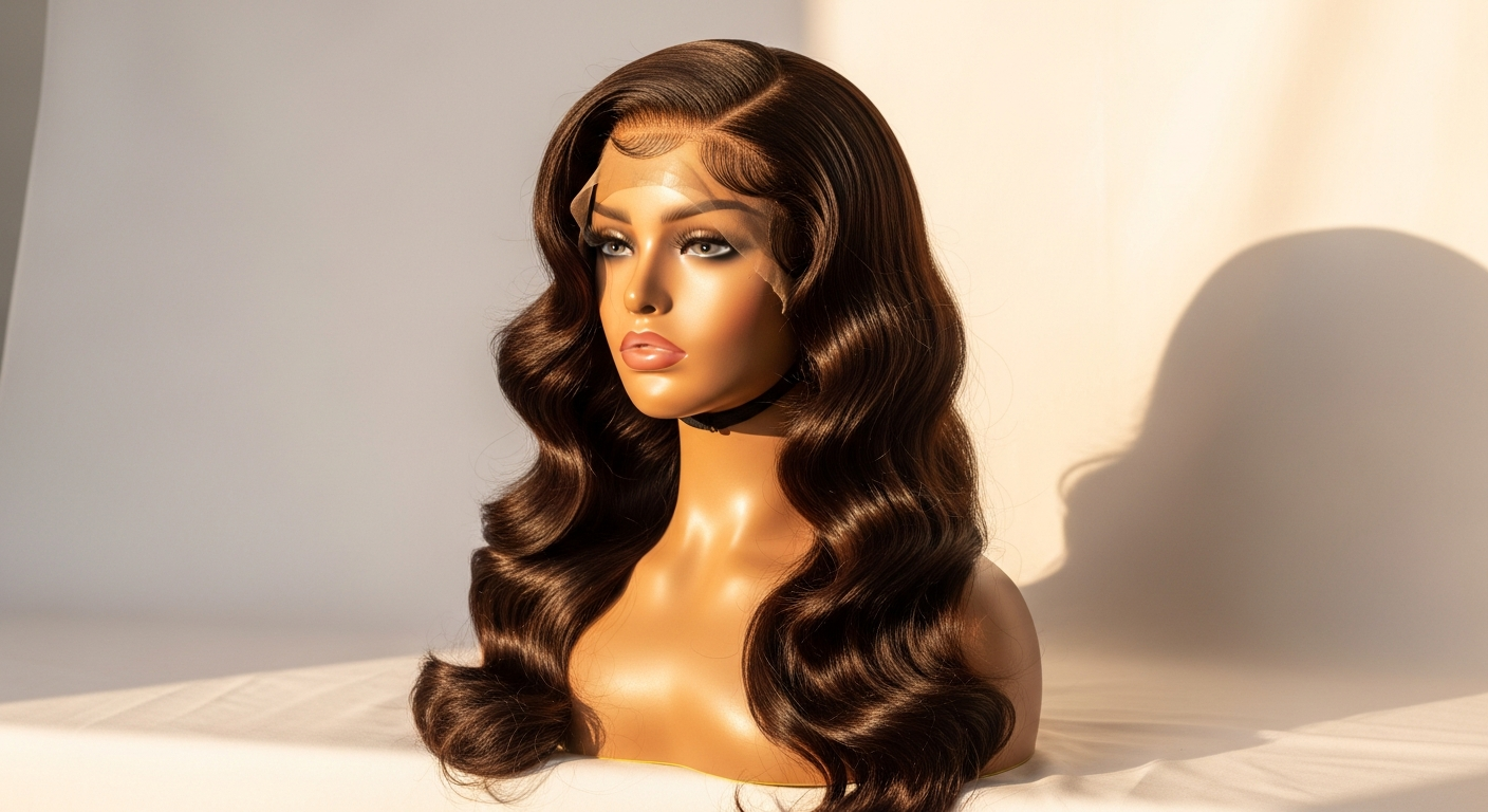 KissLove Pre-Everything Invisi-Drawstring 360 Body Wave Wig displayed on mannequin head