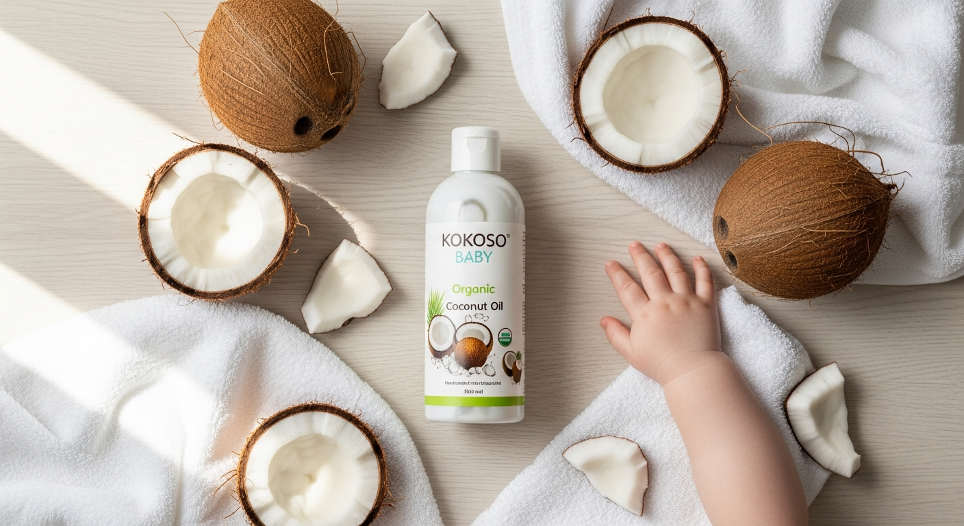 Kokoso Baby Organic Coconut Oil jar displayed with fresh coconuts and natural ingredients