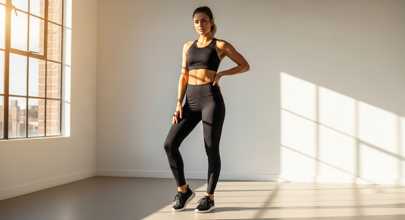 High-performance sustainable activewear leggings in neutral tones displayed on model