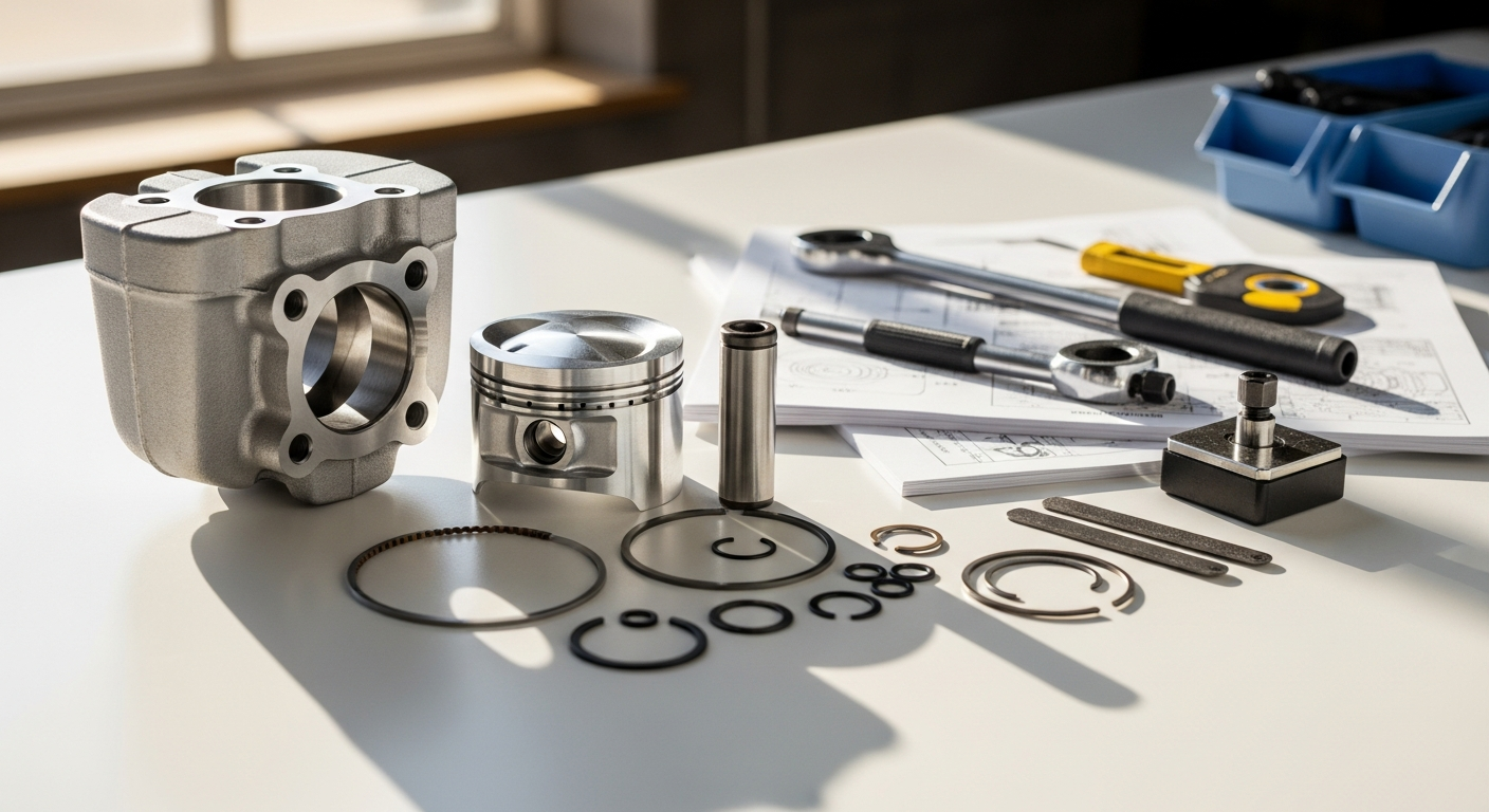 50cc cylinder kit components including piston assembly and gaskets for moped scooter