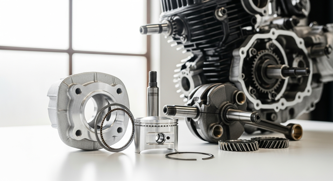 Close-up of a high-performance 50cc motorcycle cylinder kit with piston and rings