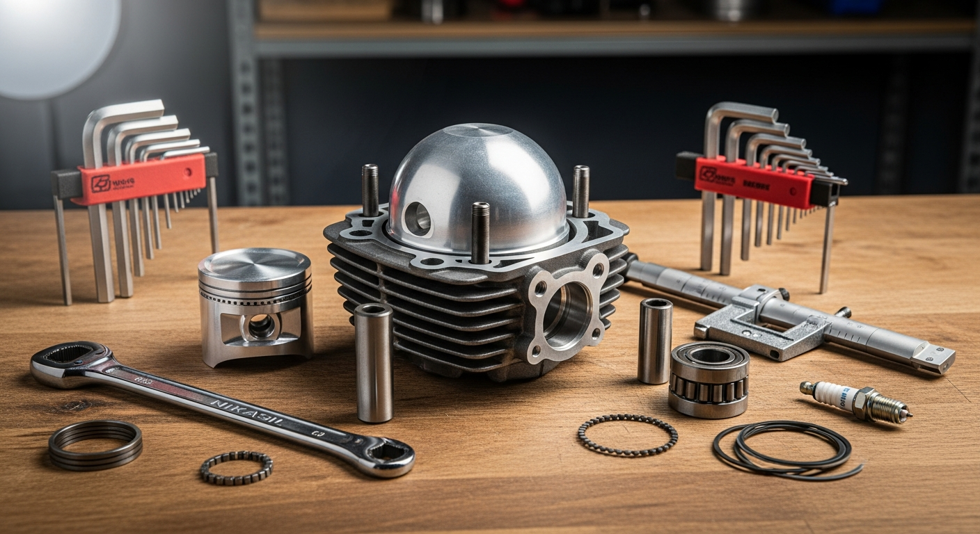 High-performance 50cc cylinder kit components displayed on workbench