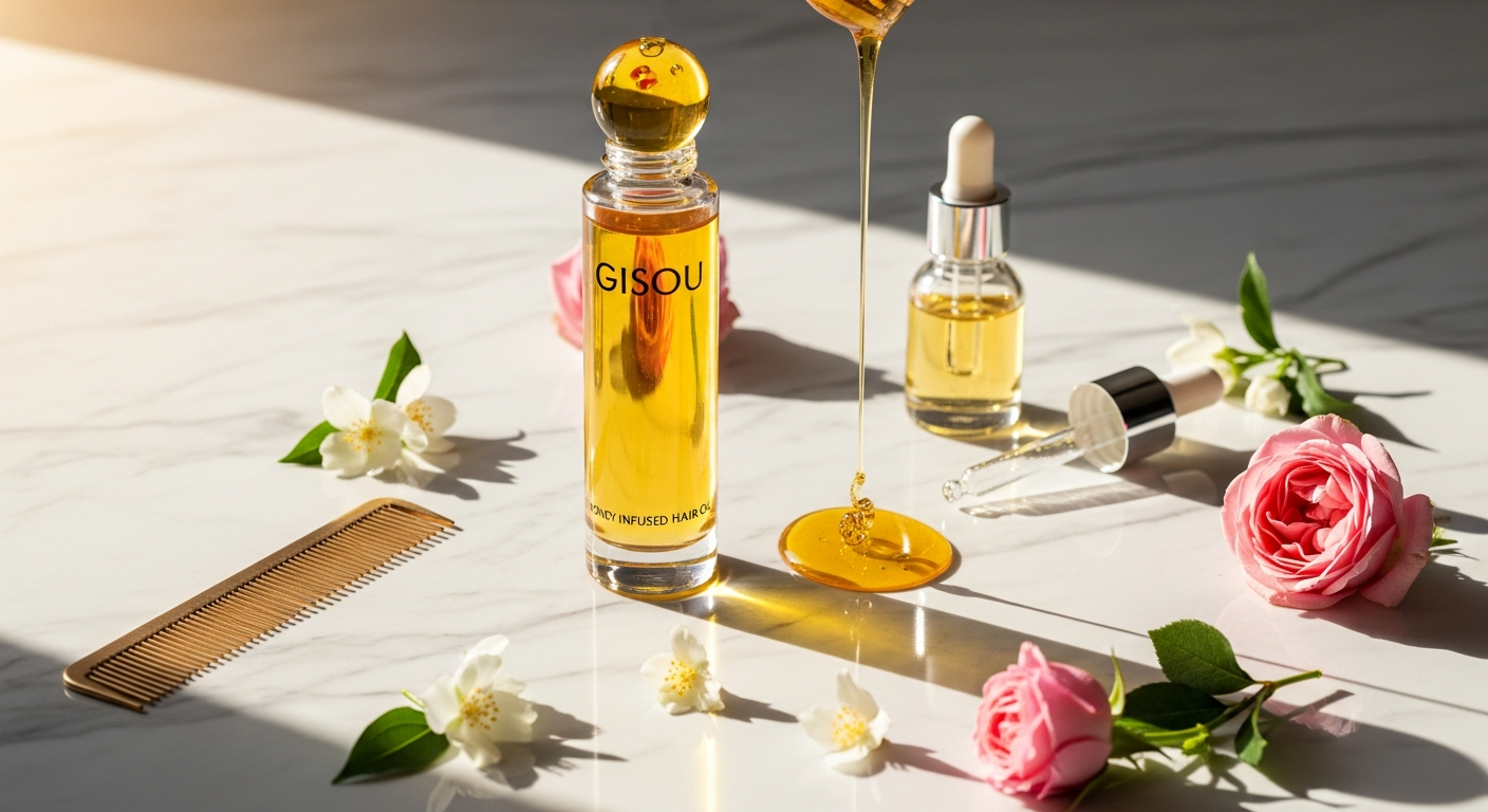 Gisou Honey Infused Hair Oil bottle with golden honey dripping elegantly