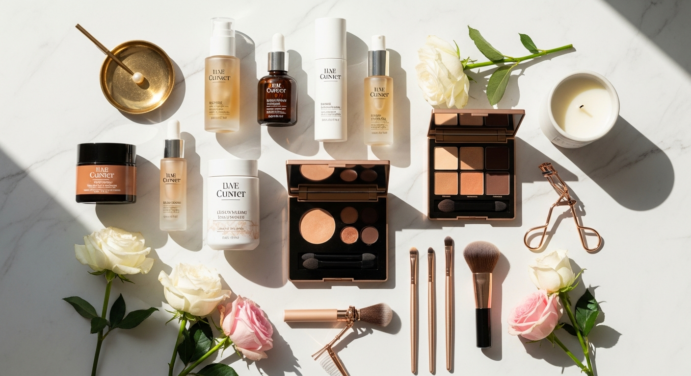 Colorful curated beauty box with premium skincare makeup and fragrance products