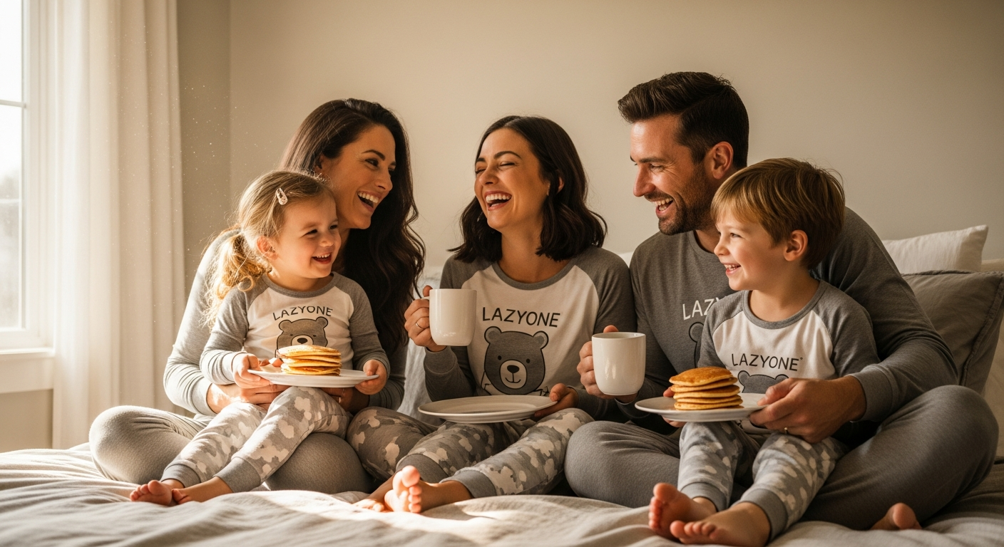 Family wearing matching LazyOne FlapJack humorous animal-themed one-piece pajamas together