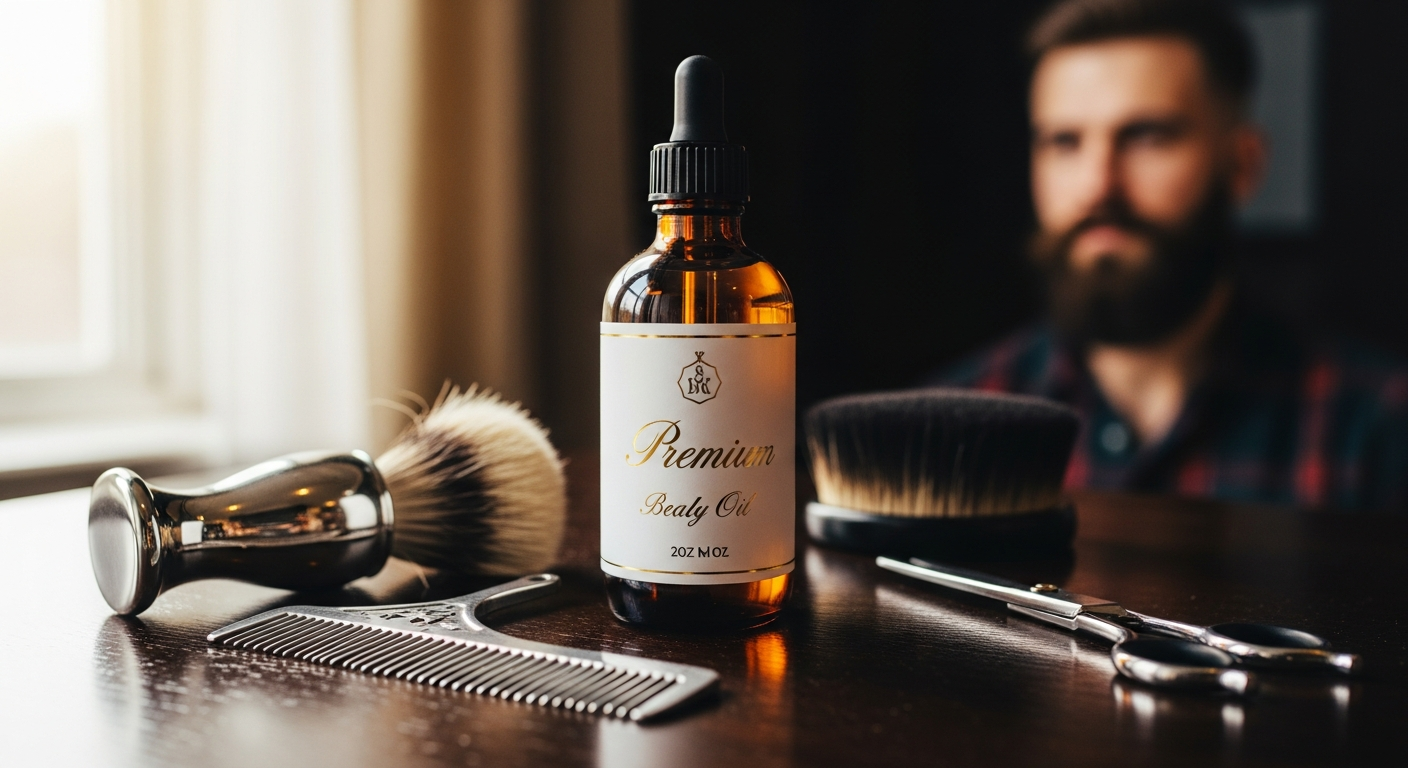 Lord Of The Beards Luxury Beard Oil bottle with natural ingredients displayed