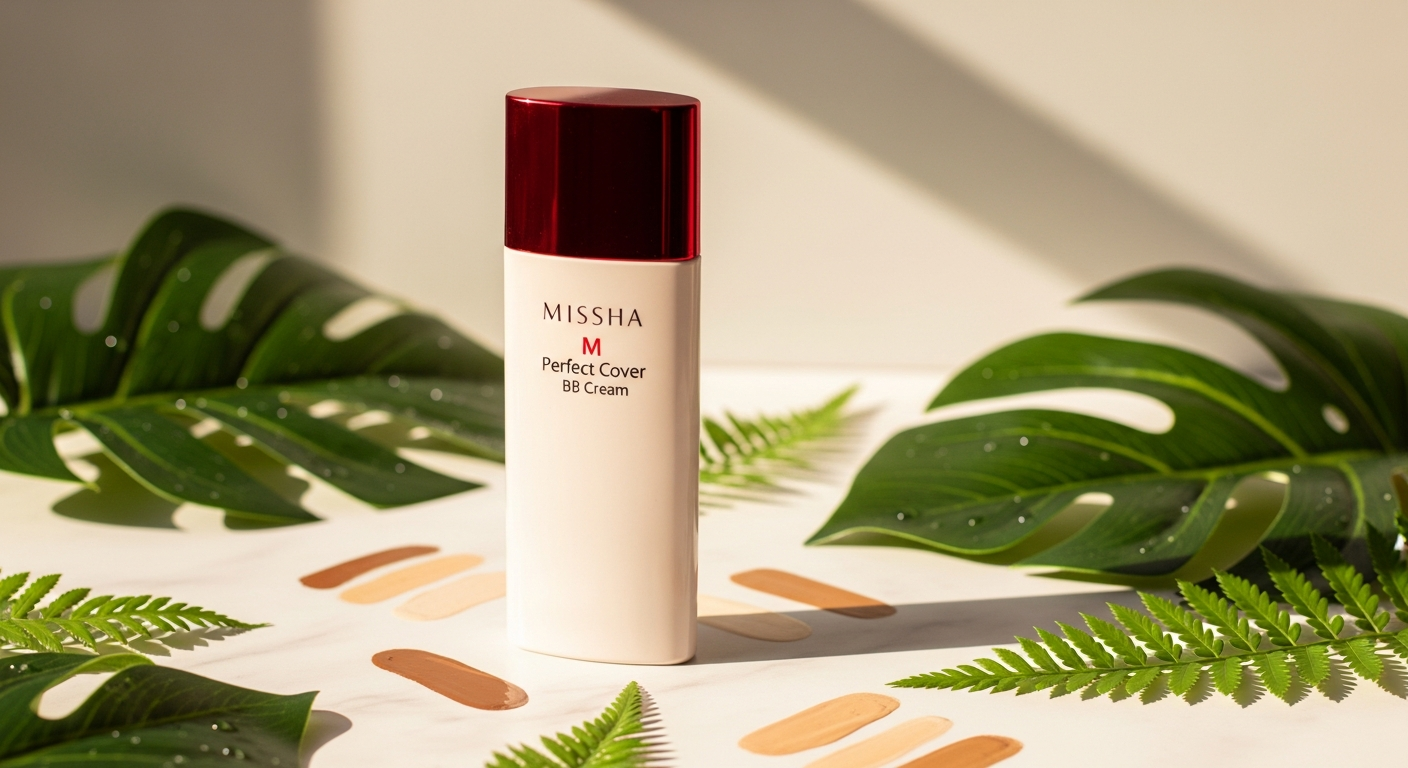 MISSHA M Perfect Cover BB Cream SPF 42 PA+++ bottle with swatches on skin