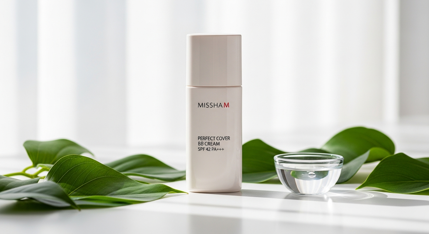 Missha M Perfect Cover BB Cream SPF 42 PA+++ bottle displayed with skincare ingredients