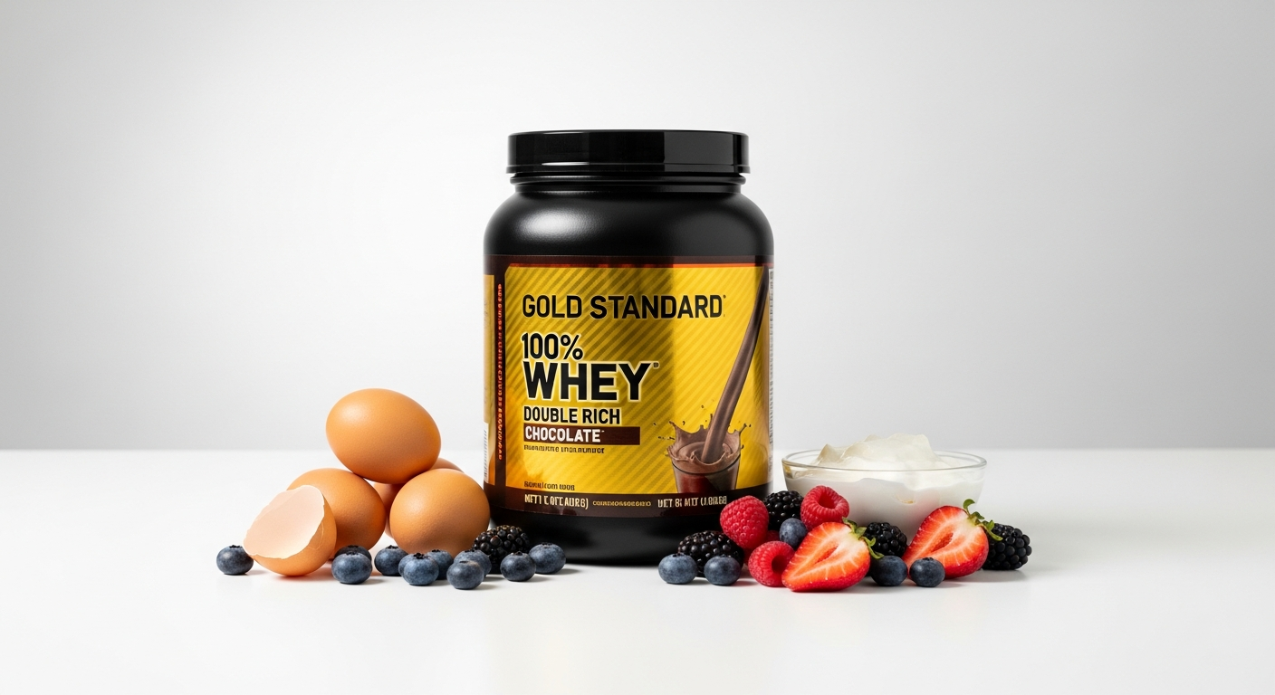 Optimum Nutrition Gold Standard 100% Whey protein powder yellow tub with scoop