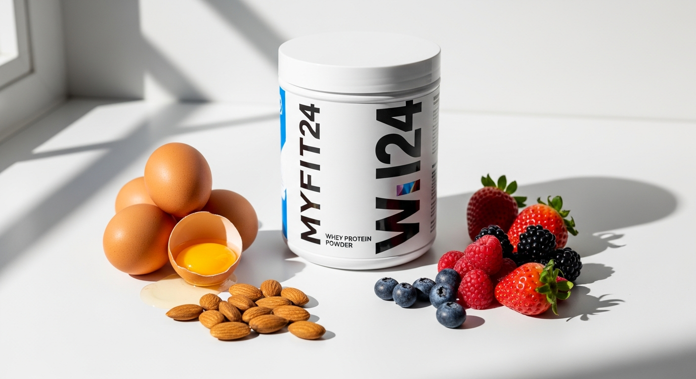 MYFIT24 Premium Whey Protein Powder container with scoop and shake