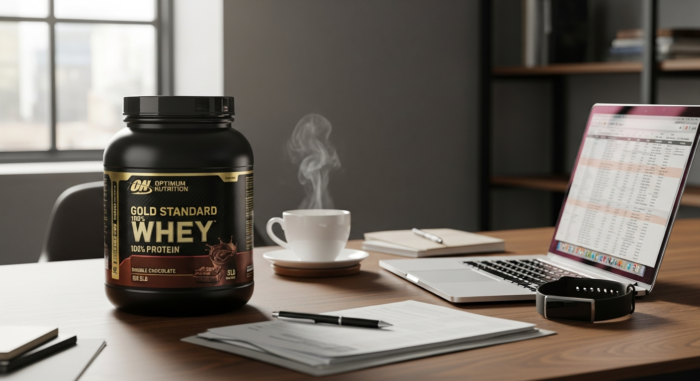 Optimum Nutrition 100% Whey Gold Standard protein powder container with scoop
