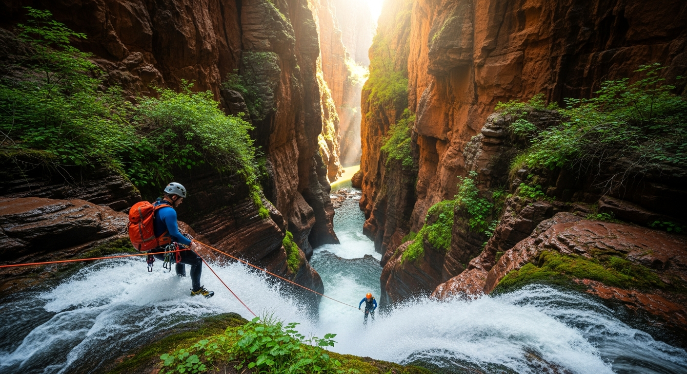 Manawa canyoning adventure group rappelling down waterfall canyon