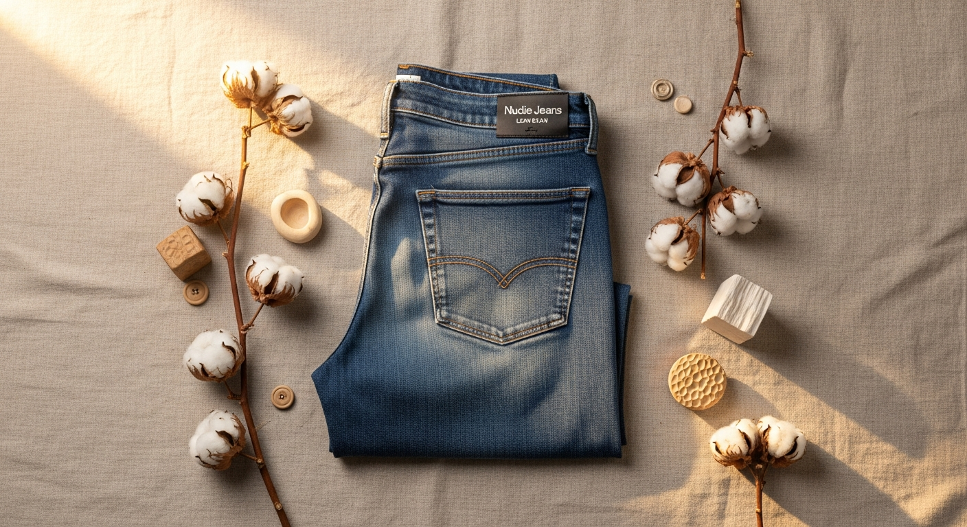 Nudie Jeans Lean Dean denim in indigo wash displayed on minimalist white background