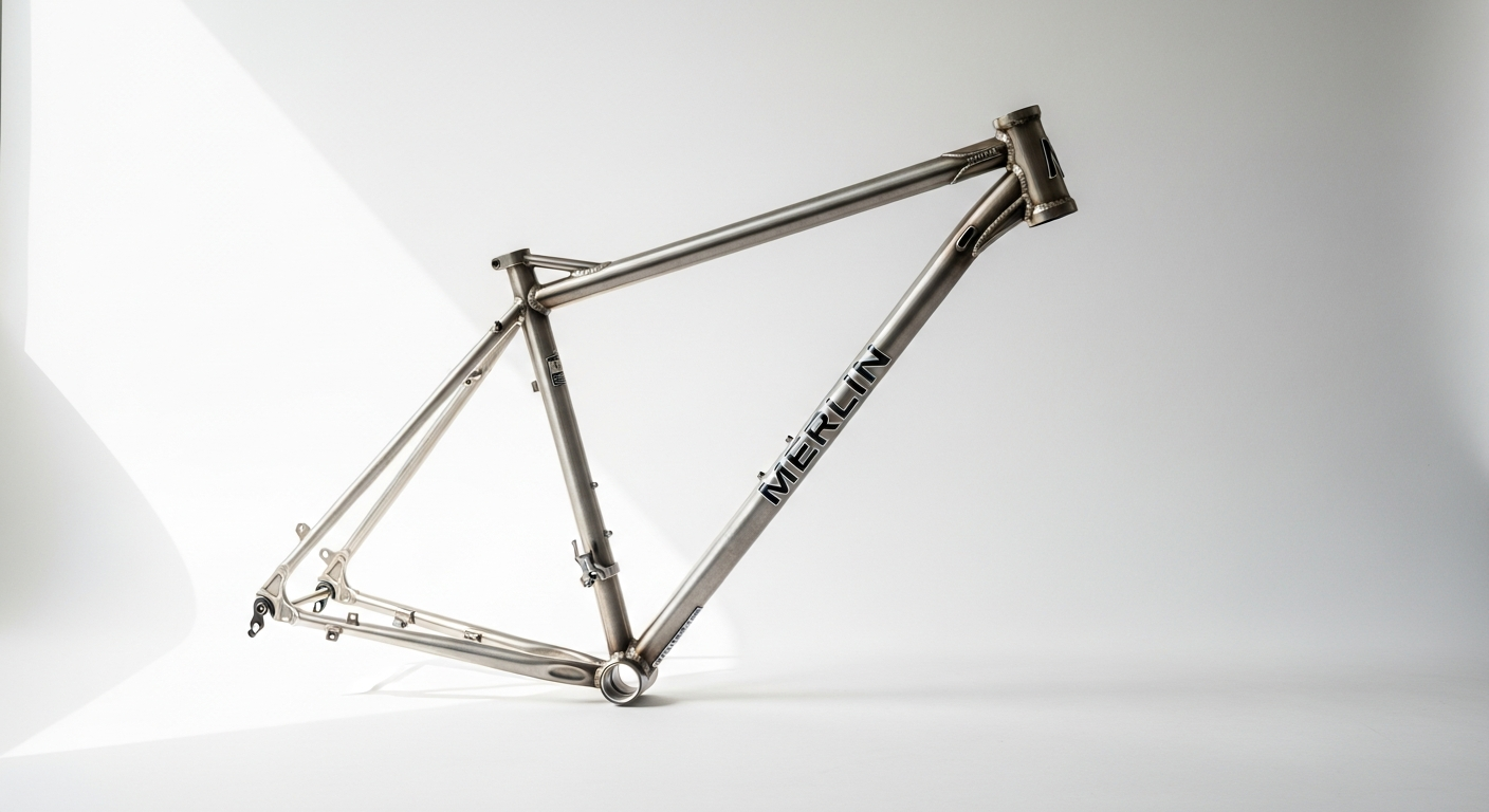 Merlin Malt 725 steel hardtail mountain bike frame against outdoor trail background