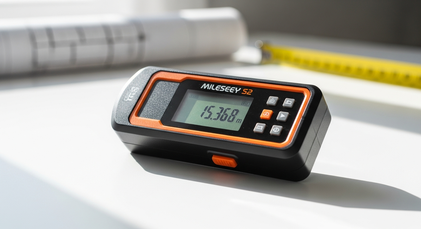 Mileseey S2 laser distance meter displaying measurement on digital LCD screen