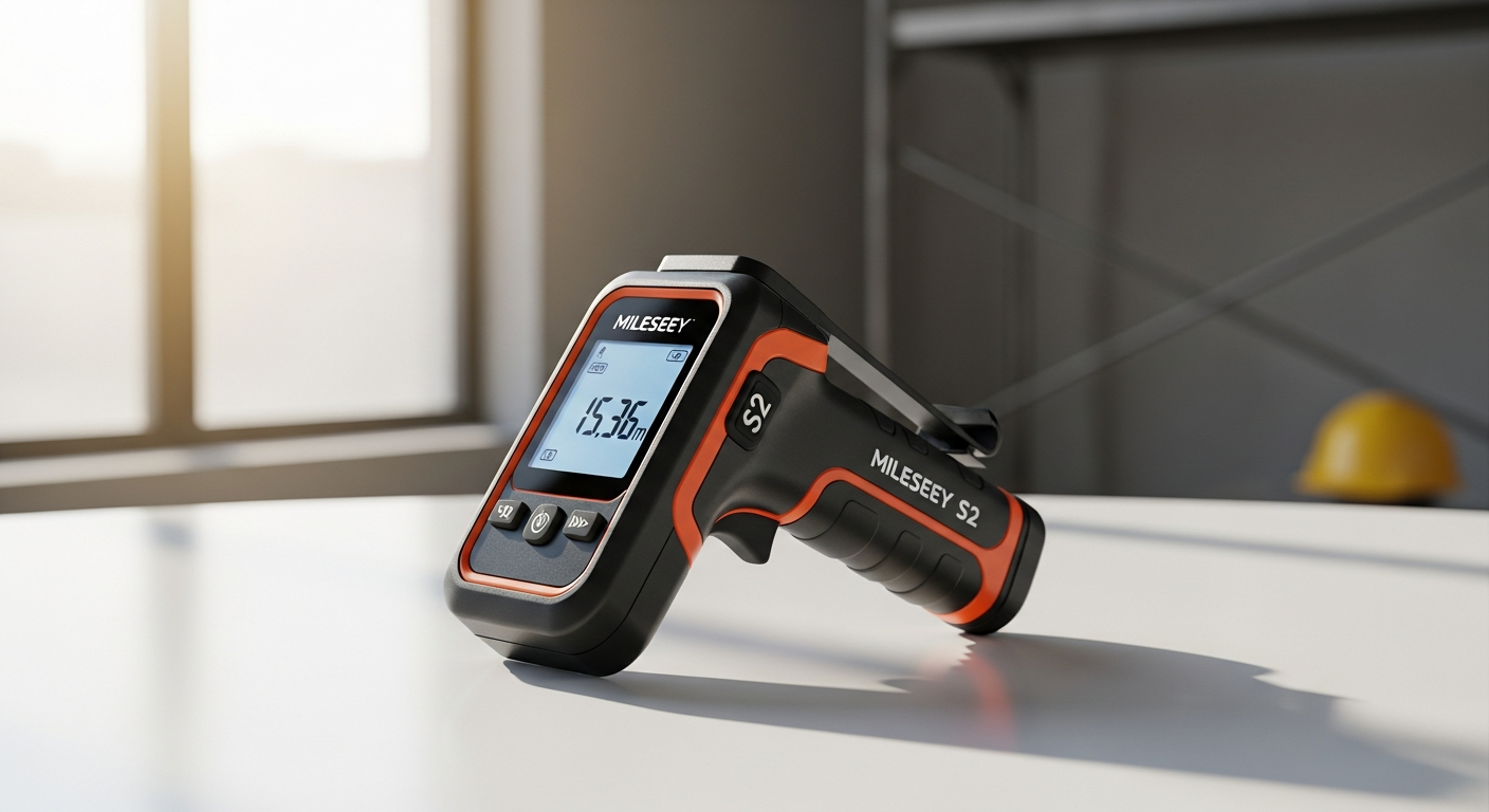Mileseey S2 laser distance meter displaying measurement on LCD screen