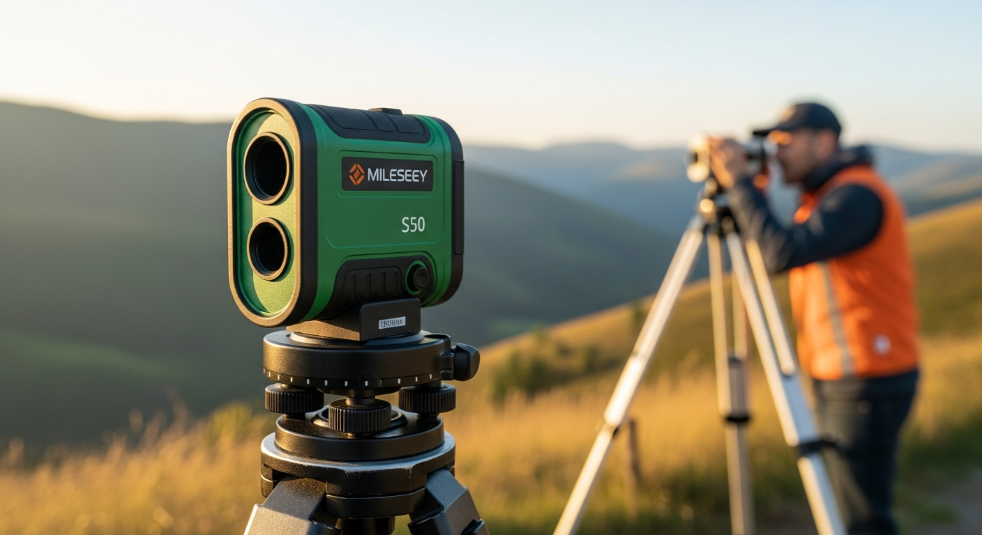 Mileseey S50 green-beam laser distance measure displayed on outdoor job site in bright sunlight