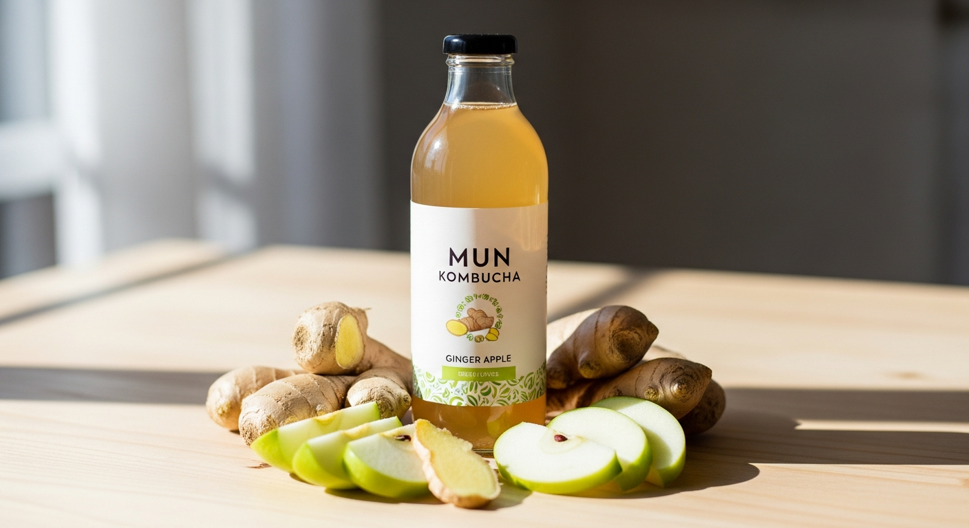 Mun Kombucha Ginger Apple Elixir bottle with fresh ginger root and apple slices displayed