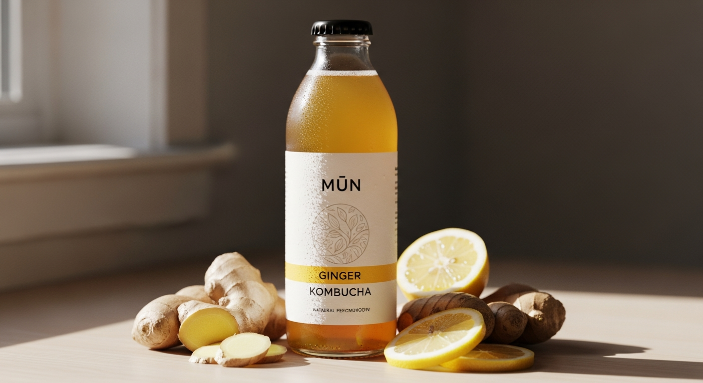 Mūn Organic Ginger Kombucha bottle with ginger root and green tea leaves displayed