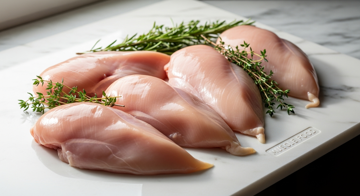 Muscle Food 5kg Premium Chicken Breasts bulk pack displayed with individual hand-trimmed portions