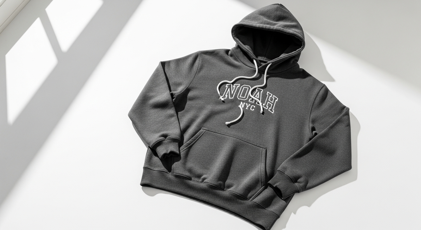 Noah NYC Core Logo Hoodie in navy with red cross logo on chest