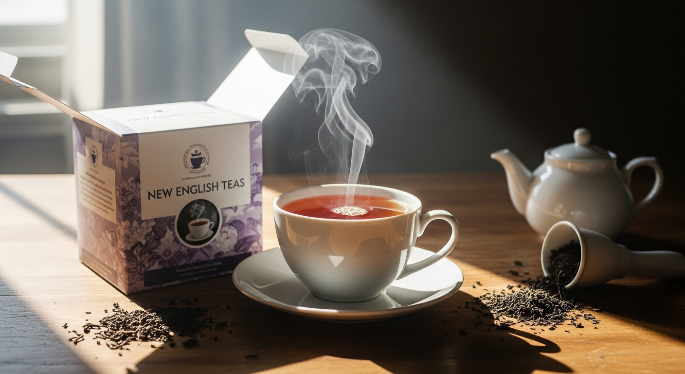 New English Teas English Breakfast Tea tin with vintage Victorian packaging design