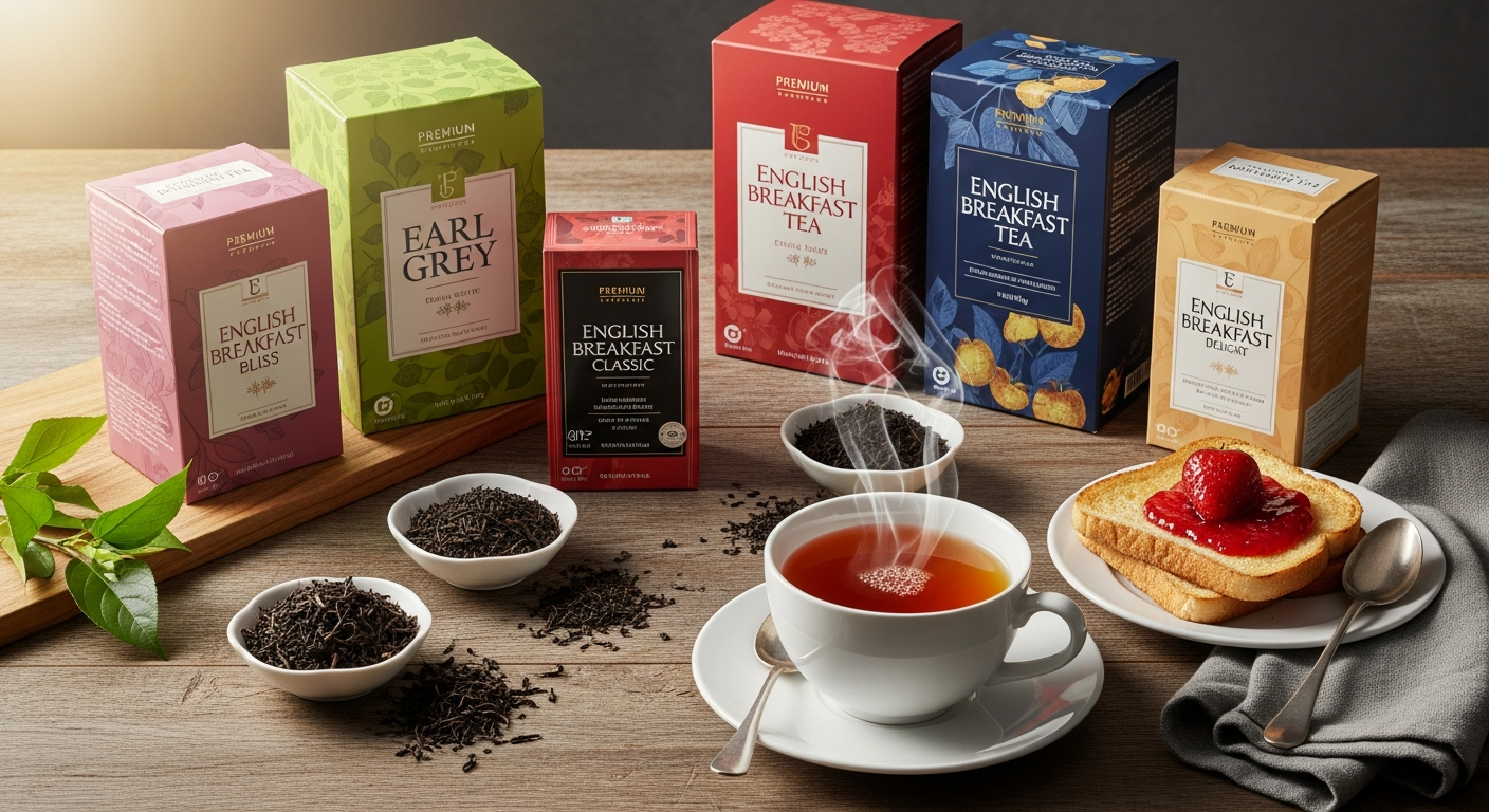 New English Teas English Breakfast Blend tin with decorative heritage design and packaging