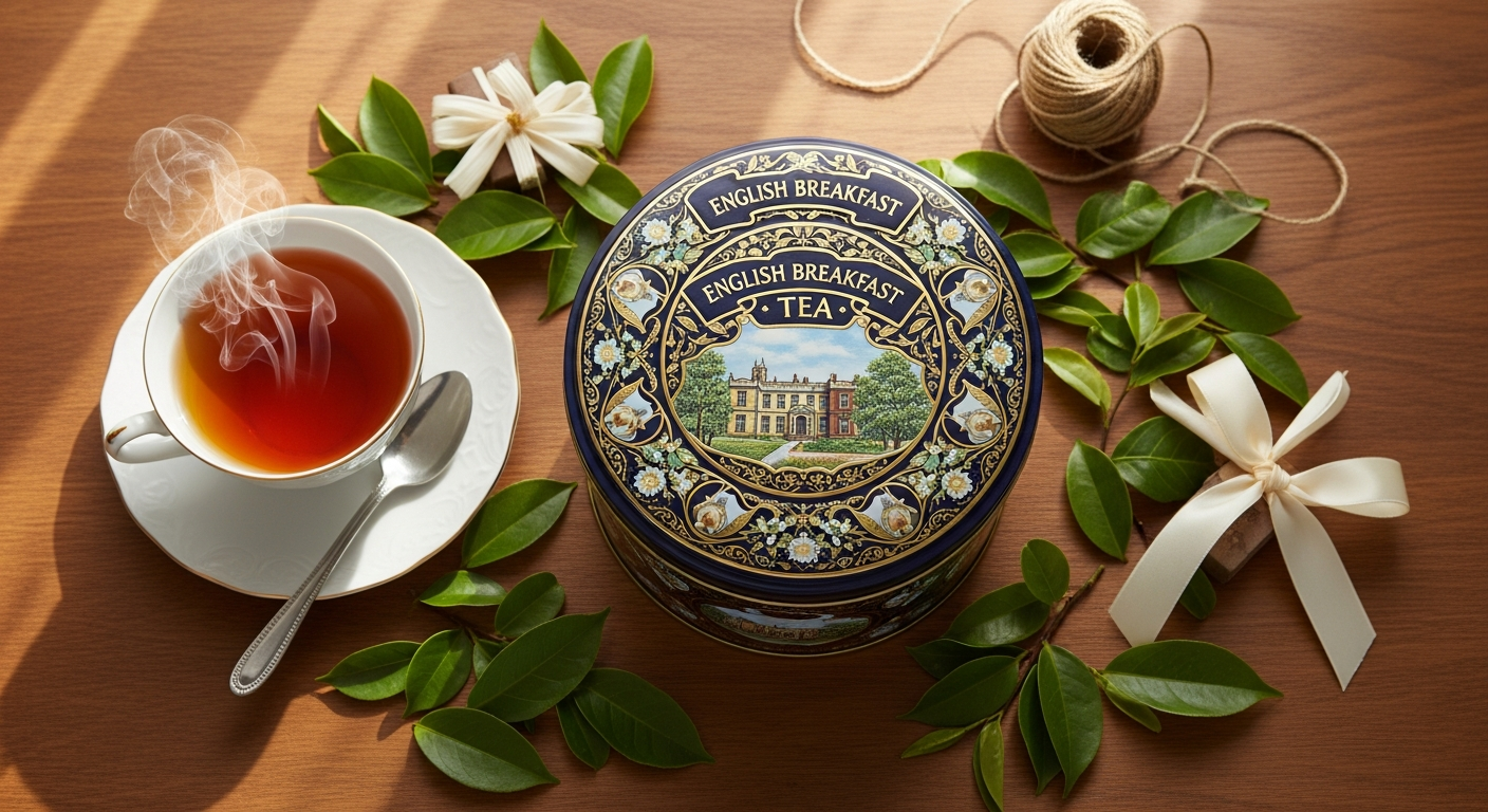 New English Teas English Breakfast Tea Tin with Victorian design and gold embossing