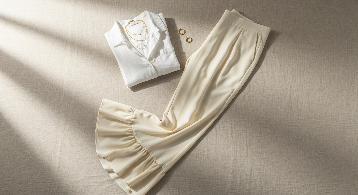 Cream ruffle flared trousers styled with neutral top and accessories