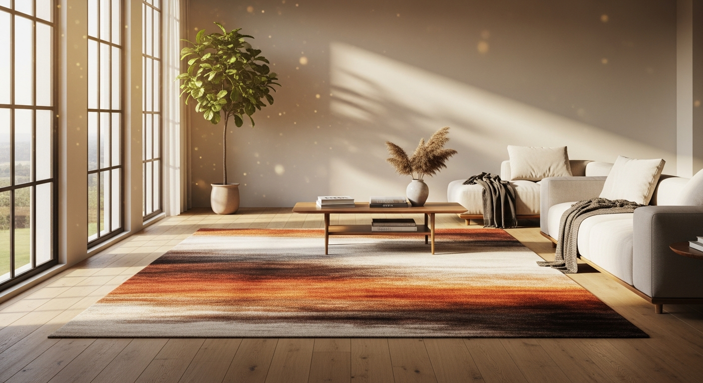 Acsento Lipari Terra rug in neutral terra tones displayed in modern home setting