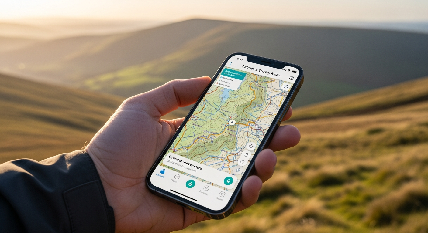 OS Maps app interface showing detailed topographic map of British countryside terrain