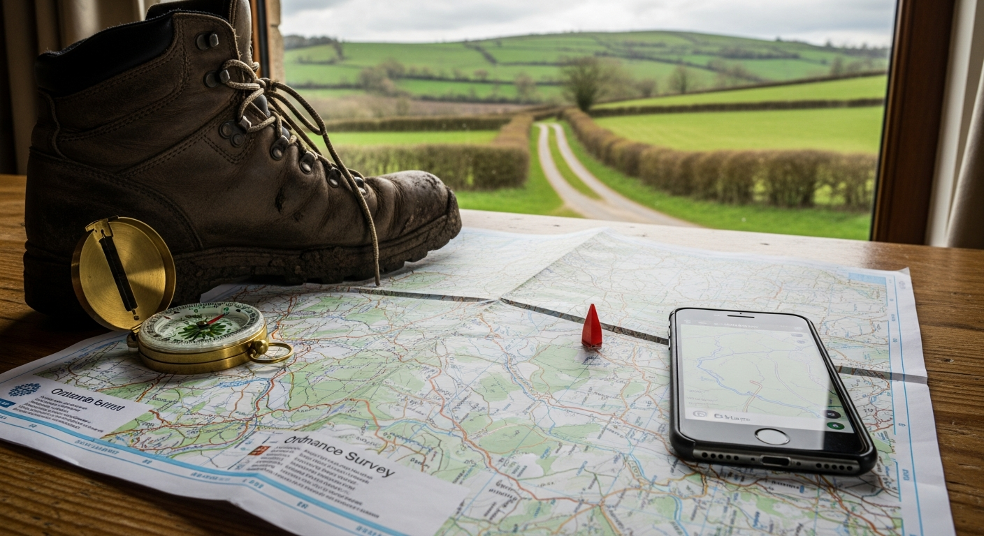Ordnance Survey Explorer Maps with orange cover displayed on outdoor terrain