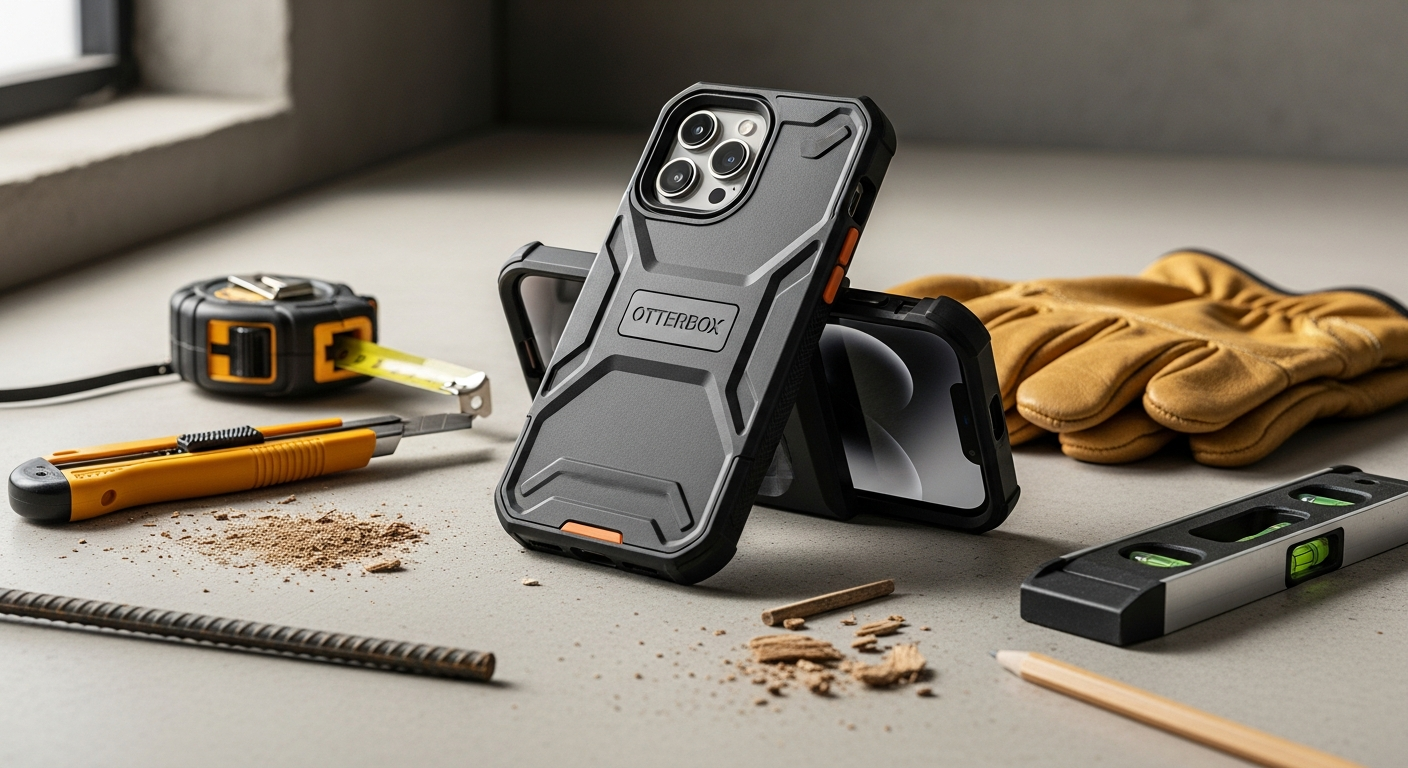 Otterbox Defender Pro Series phone case on rugged construction job site with tools
