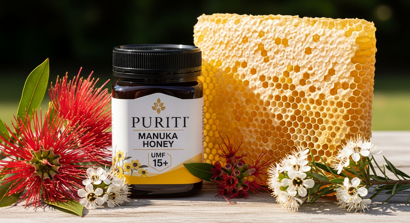 PURITI Manuka Honey UMF 15+ jar with golden honey displayed against white background