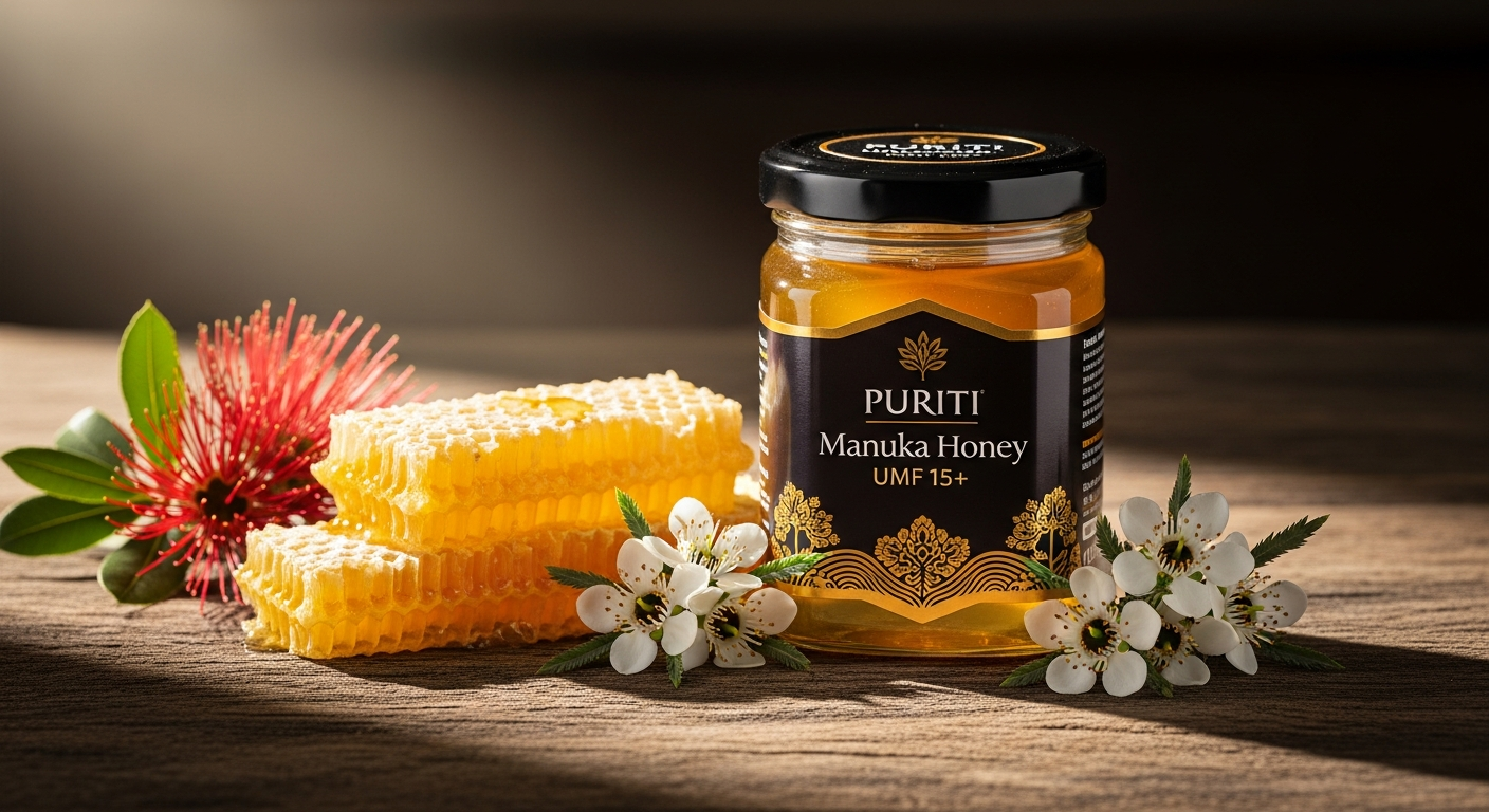 PURITI Manuka Honey UMF 15+ jar with golden honey and New Zealand landscape