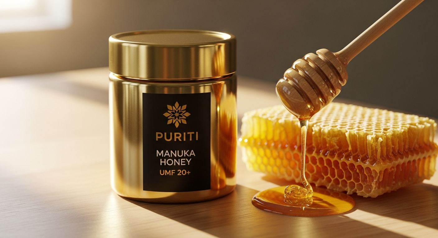 PURITI Manuka Honey UMF 20+ MGO 850 jar with premium certification labels displayed