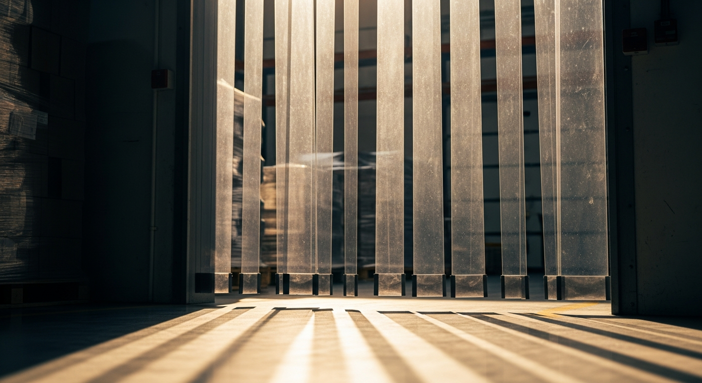Industrial transparent PVC strip curtain installed in cold storage facility doorway