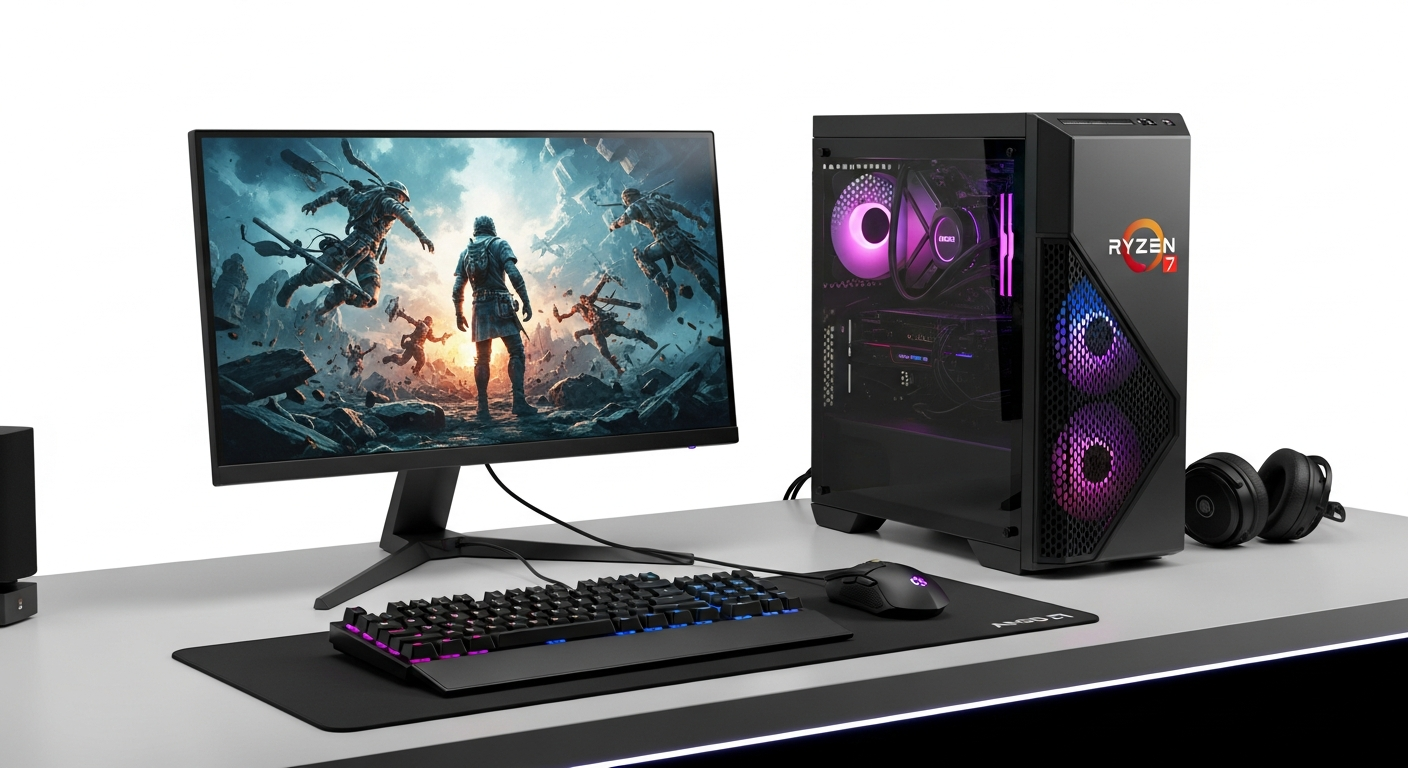 PcCom Ready AMD Ryzen 7 Gaming PC tower with RGB lighting and open side panel