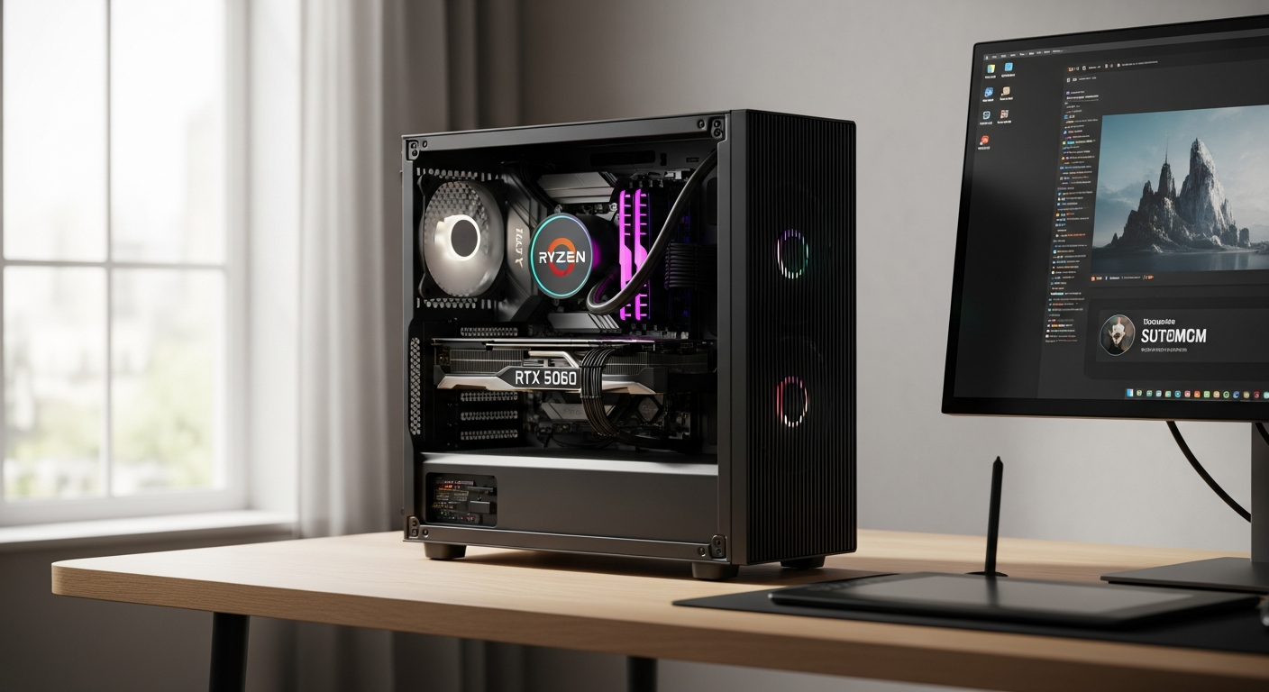 PcCom Ready Gaming PC with Ryzen 7 5800X and RTX 5060 graphics card displayed