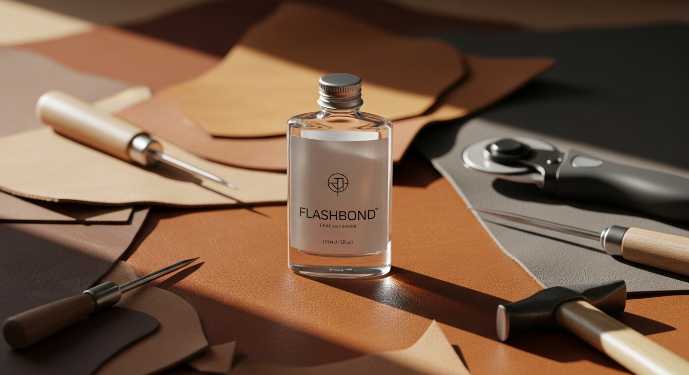 Professional leather craftsperson applying transparent adhesive to premium leather materials with precision nozzle