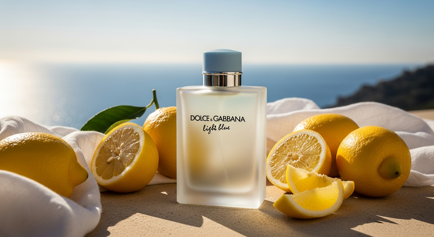 Dolce Gabbana Light Blue Eau de Toilette bottle with Mediterranean citrus backdrop