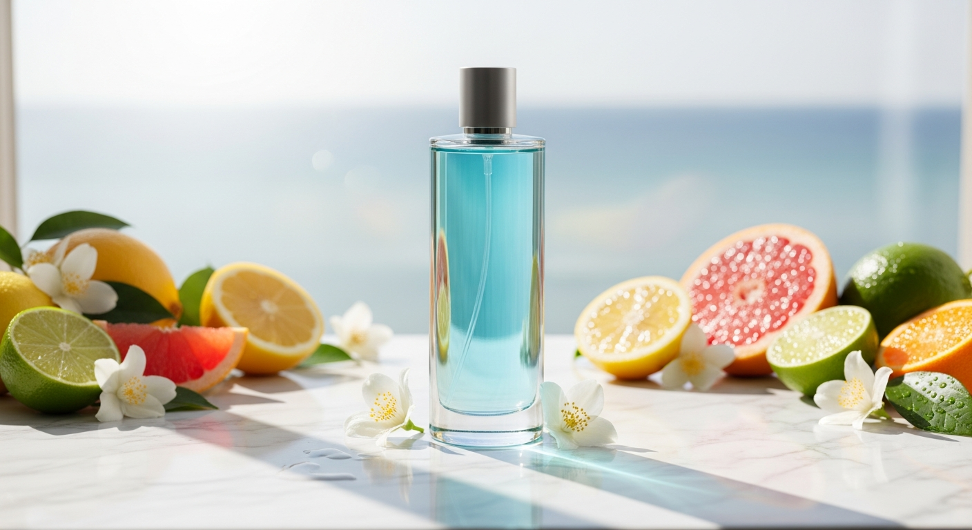Frosted light blue perfume bottle with elegant cap on white background