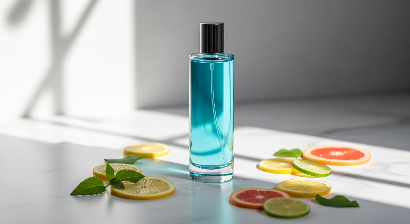 Dolce and Gabbana Light Blue EDT fragrance bottle on Mediterranean-inspired background