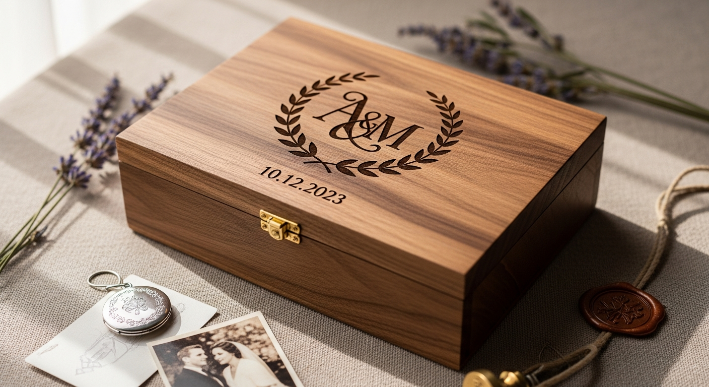 Custom engraved wooden keepsake box with personalized laser engraving on lid