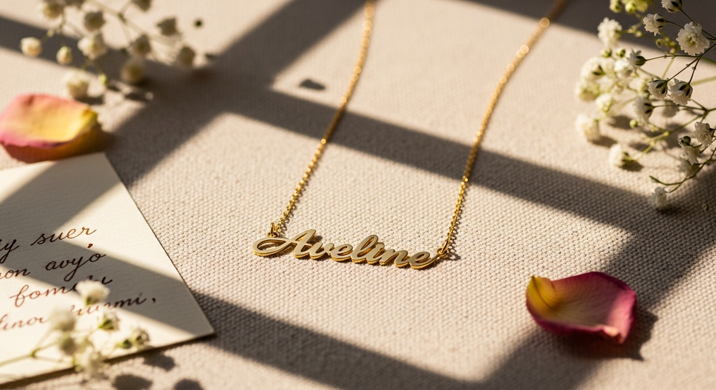 Personalized custom name necklace in sterling silver displayed on elegant white background