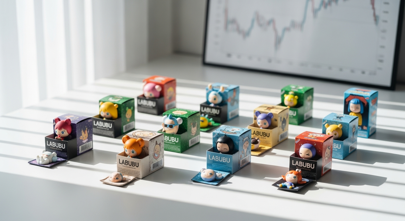 Colorful Labubu blind box figures displayed with rare chase variants and packaging