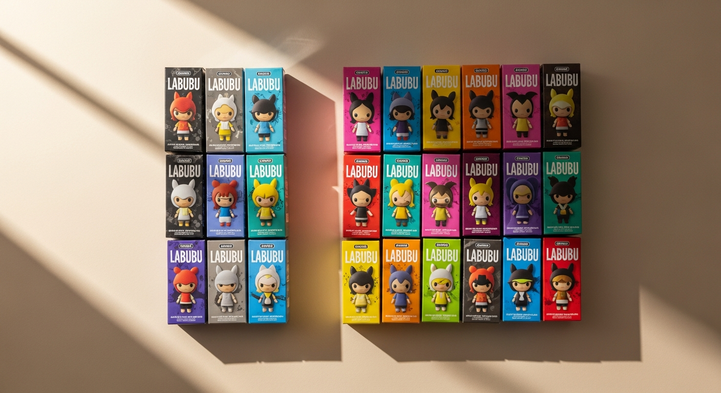 Colorful Labubu The Monsters blind box figures displayed in collection showcase arrangement