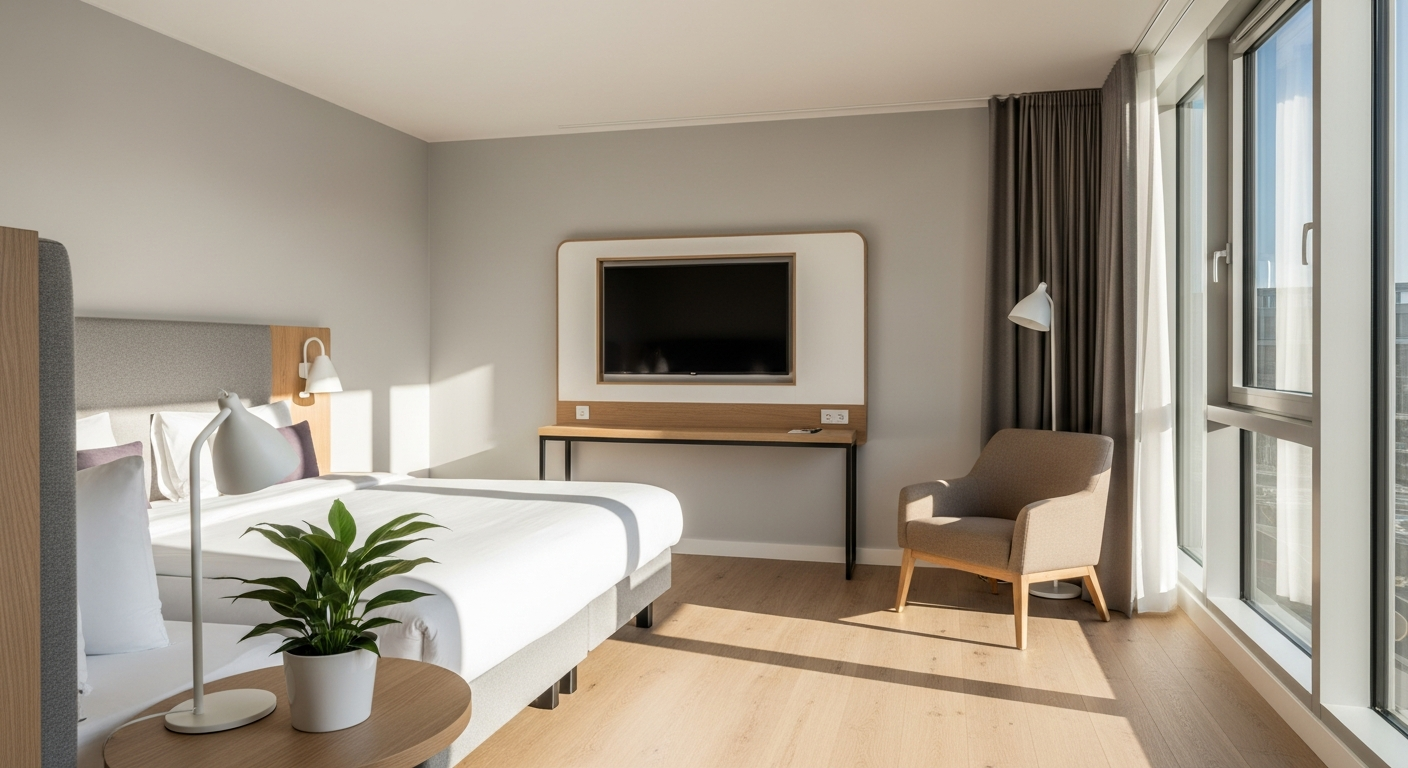 Premier Inn hotel room in Germany with comfortable bed and modern amenities