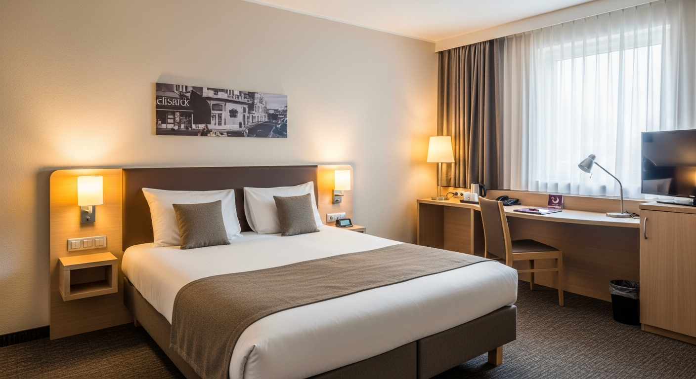 Premier Inn standard hotel room in Germany with comfortable bed and modern amenities